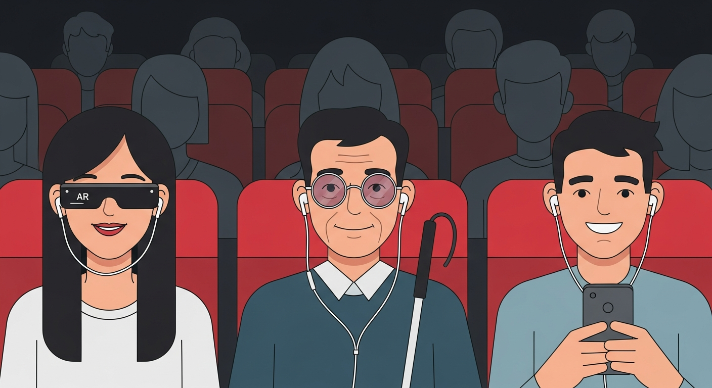 映画館で字幕メガネ・音声ガイド・コメンタリーを楽しむ3人のイラスト